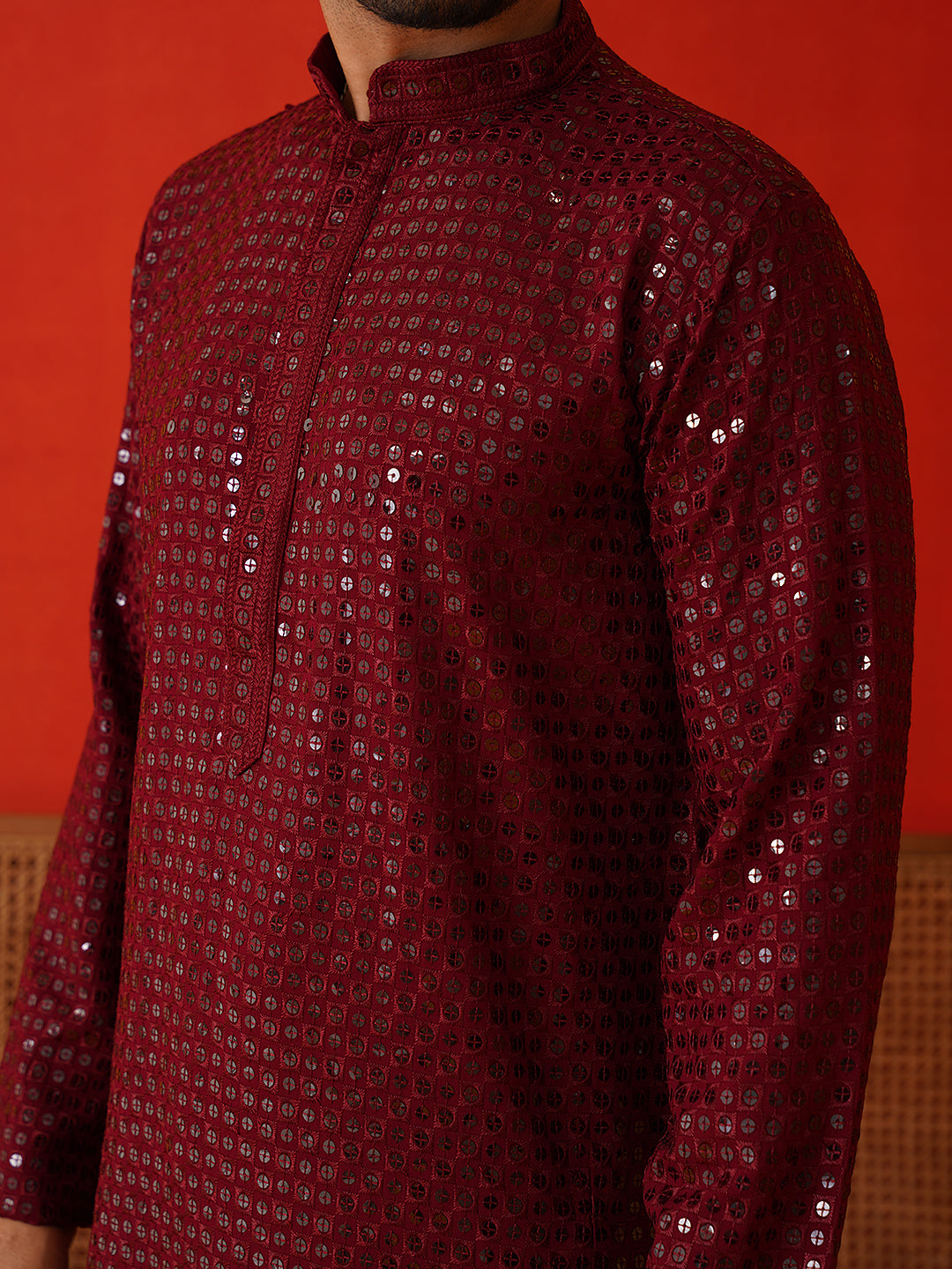 Men's Embroidered & Sequence Kurta Set ( JOKP P 5136Maroon )