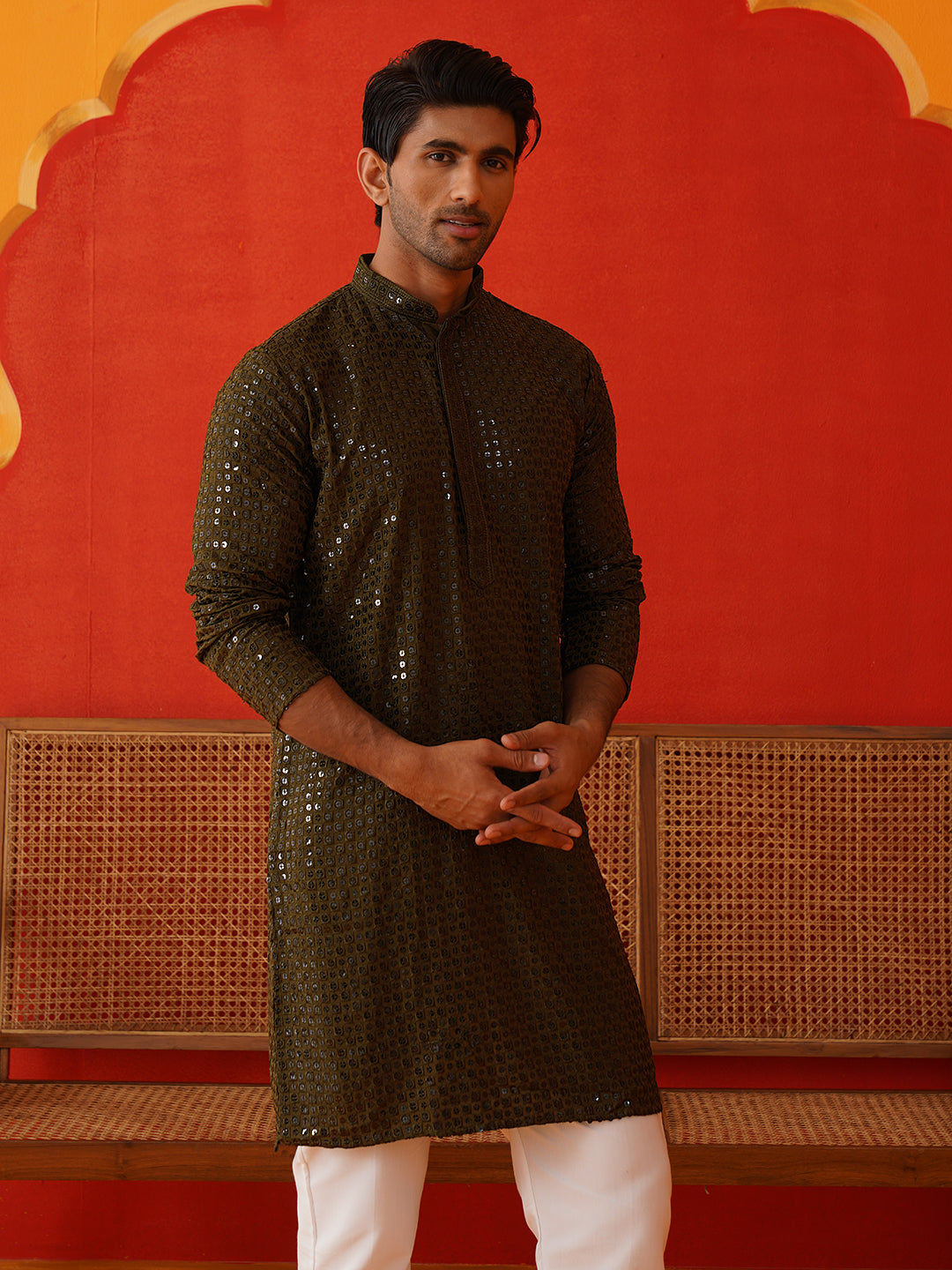 Men's Embroidered & Sequence Kurta Set ( JOKP P 5136Olive )