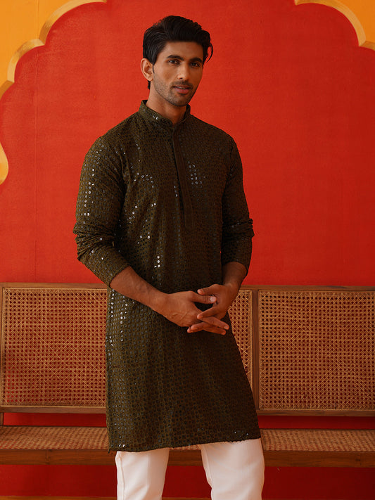 Men's Embroidered & Sequence Kurta Set ( JOKP P 5136Olive )