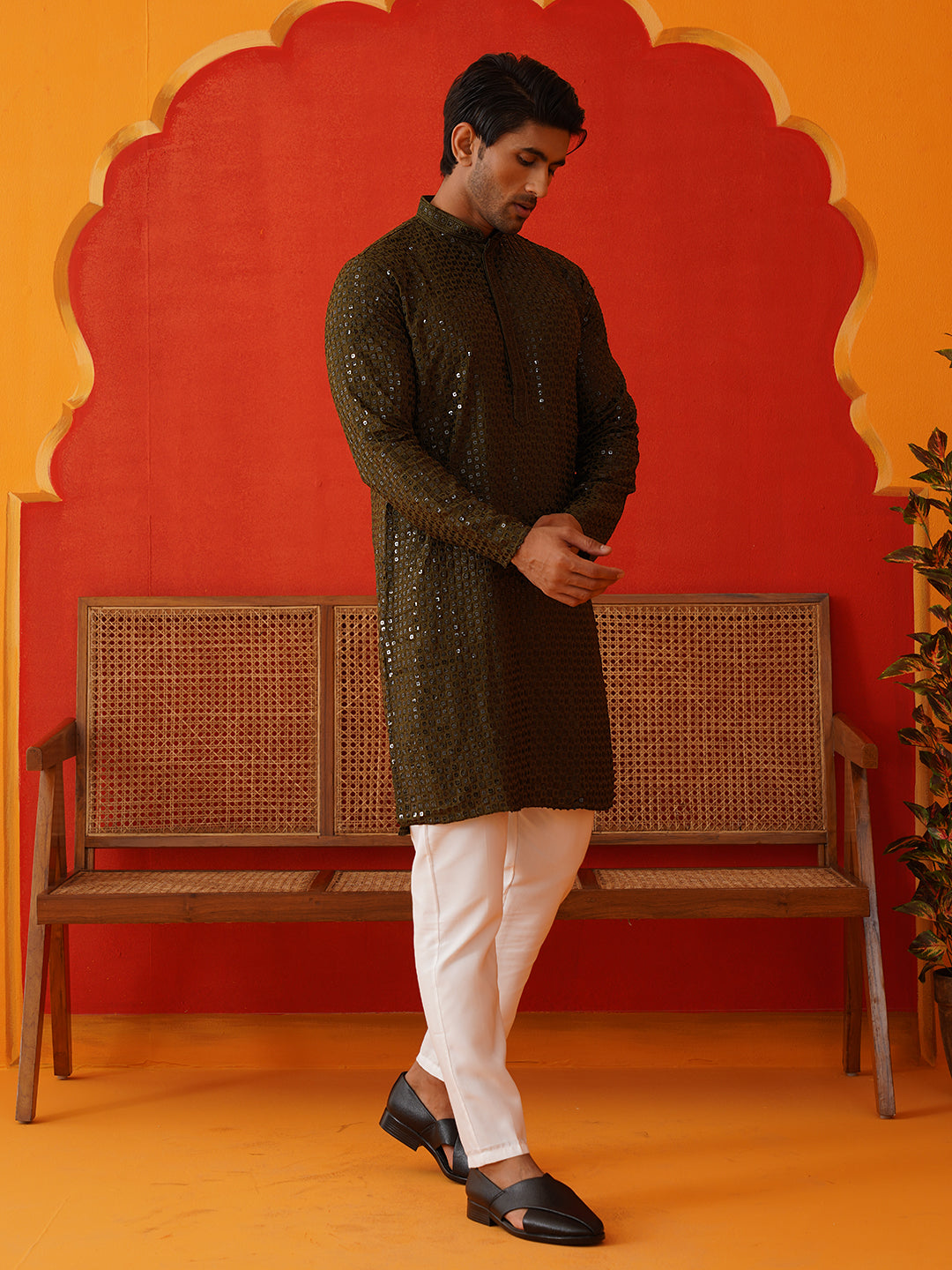 Men's Embroidered & Sequence Kurta Set ( JOKP P 5136Olive )