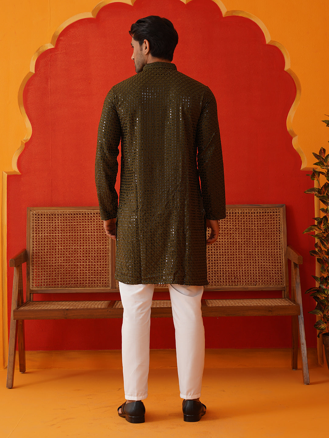 Men's Embroidered & Sequence Kurta Set ( JOKP P 5136Olive )