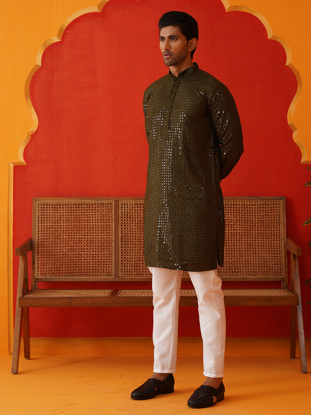 Men's Embroidered & Sequence Kurta Set ( JOKP P 5136Olive )