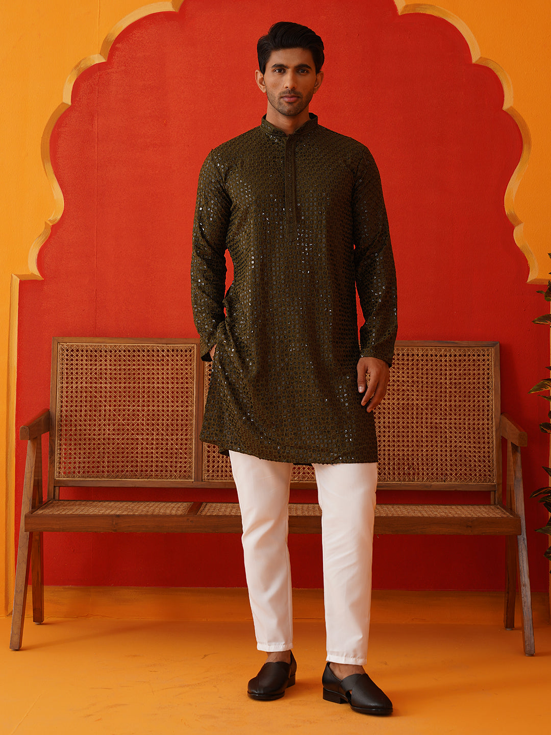 Men's Embroidered & Sequence Kurta Set ( JOKP P 5136Olive )