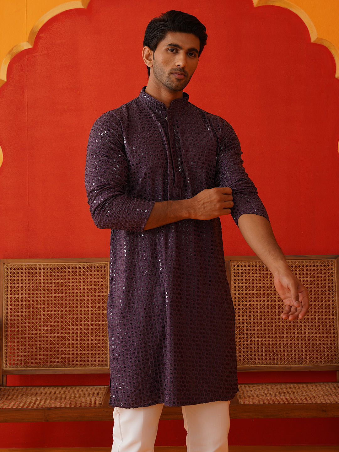 Men's Embroidered & Sequence Kurta Set ( JOKP P 5136Purple )