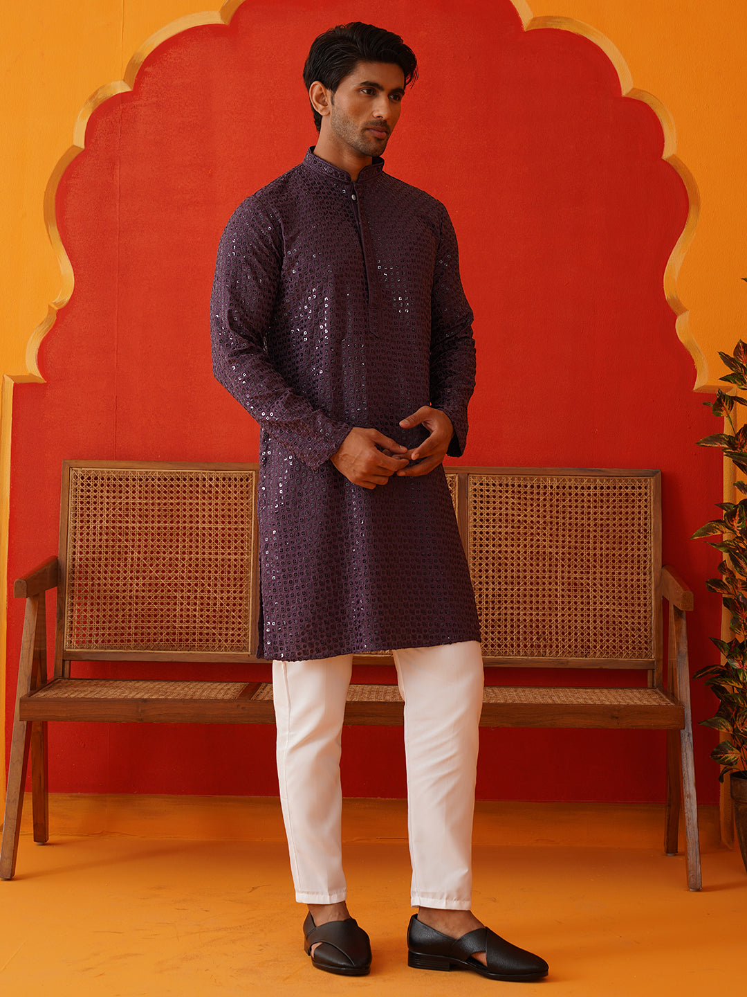 Men's Embroidered & Sequence Kurta Set ( JOKP P 5136Purple )