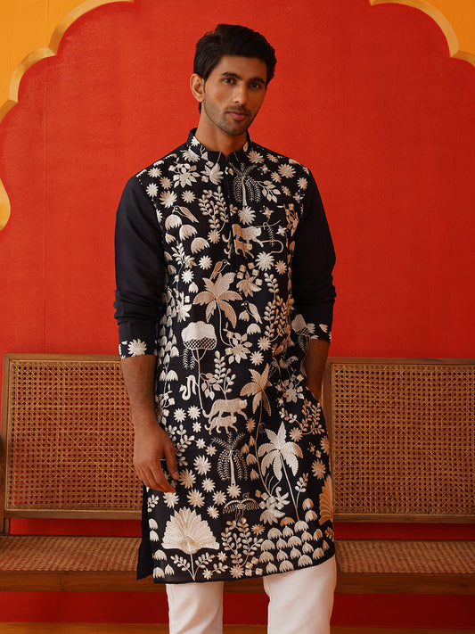 Embroidered Straight Kurta Pyjama Set ( JOKP P 5137Black )