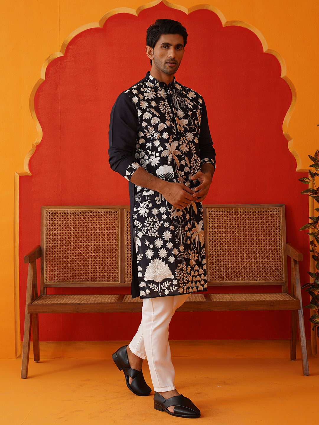 Embroidered Straight Kurta Pyjama Set ( JOKP P 5137Black )