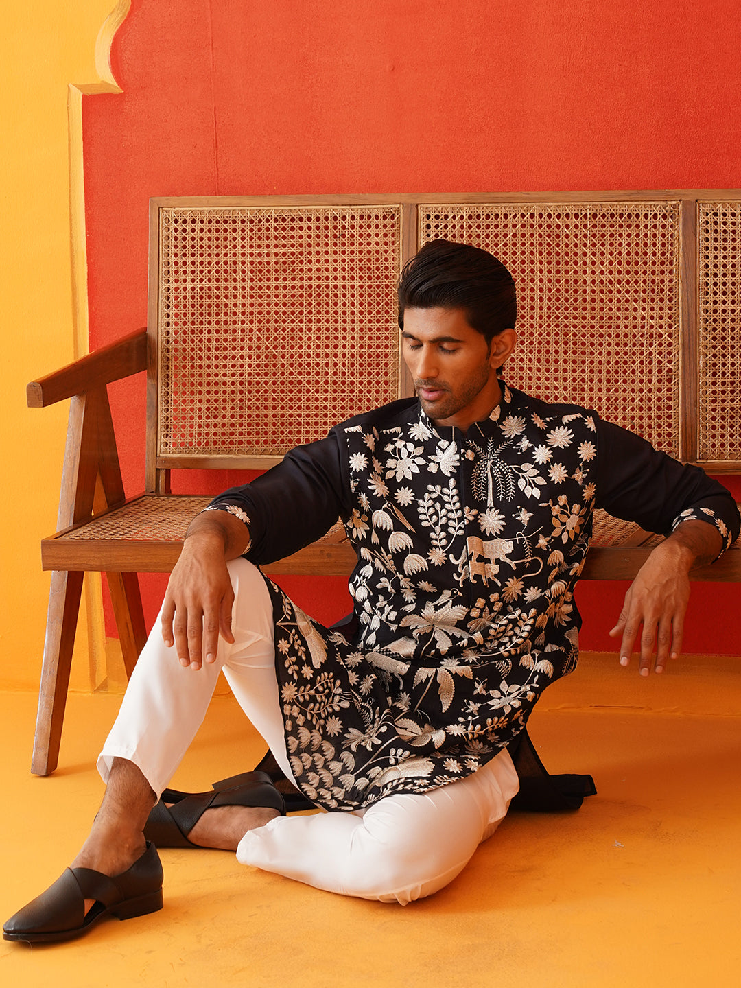 Embroidered Straight Kurta Pyjama Set ( JOKP P 5137Black )