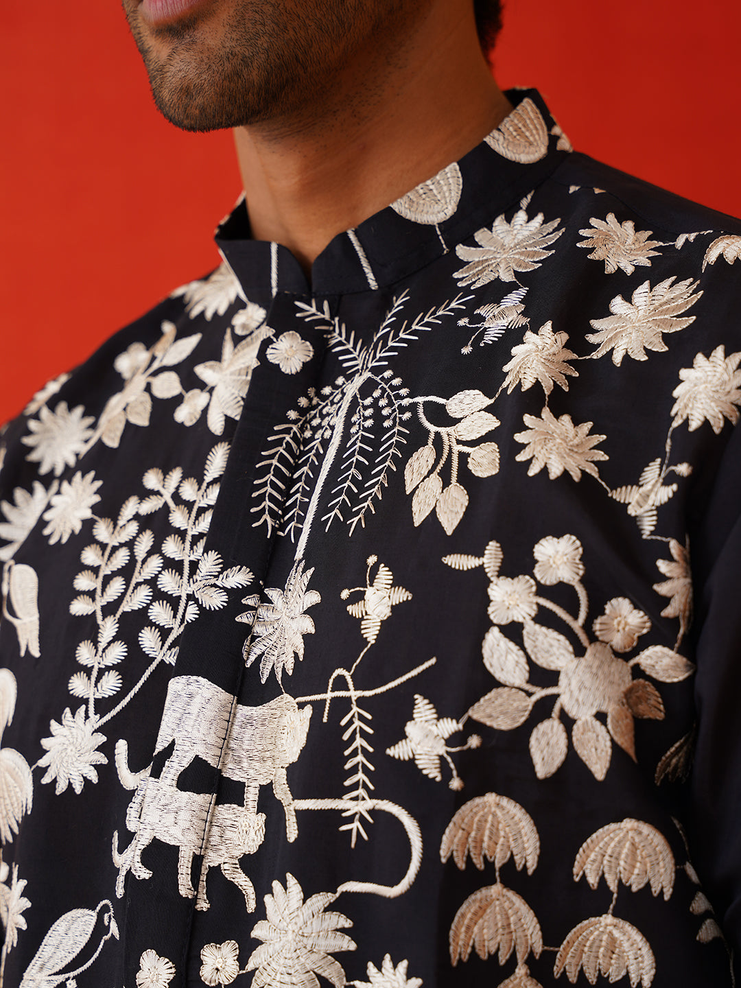 Embroidered Straight Kurta Pyjama Set ( JOKP P 5137Black )