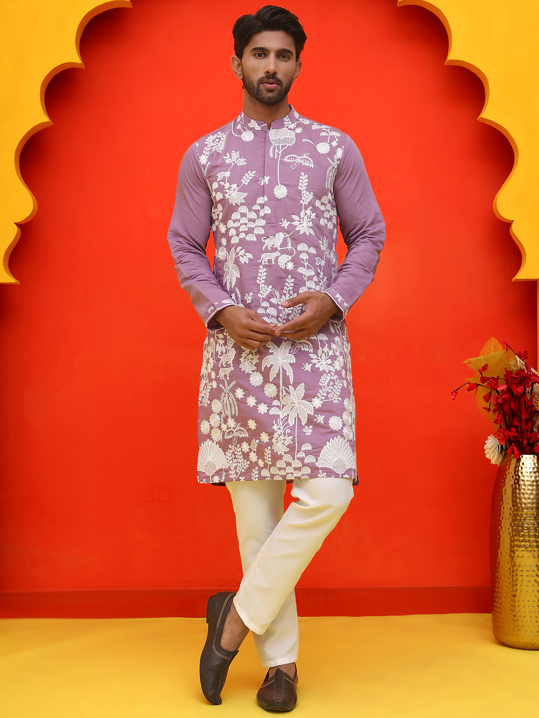 Embroidered Straight Kurta Pyjama Set ( JOKP P 5137 Magenta )