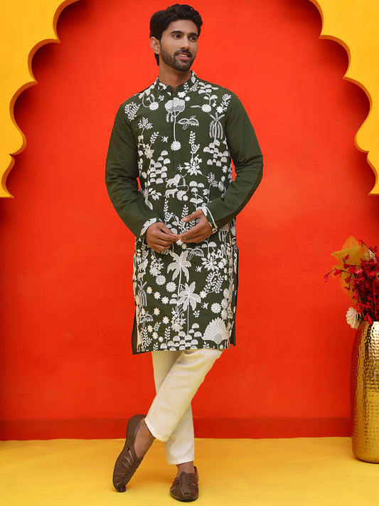 Embroidered Straight Kurta Pyjama Set ( JOKP P 5137 Olive )