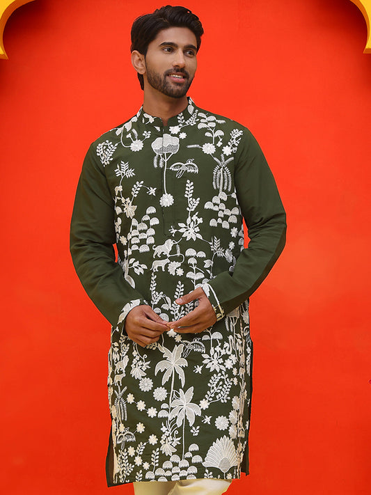Embroidered Straight Kurtas ( KO 5137 Olive )
