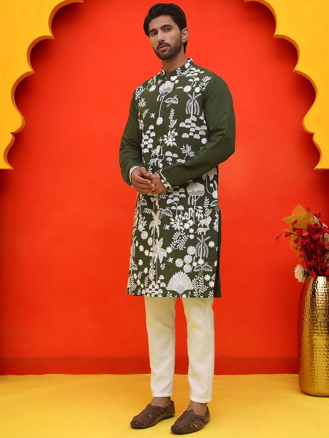 Embroidered Straight Kurta Pyjama Set ( JOKP P 5137 Olive )