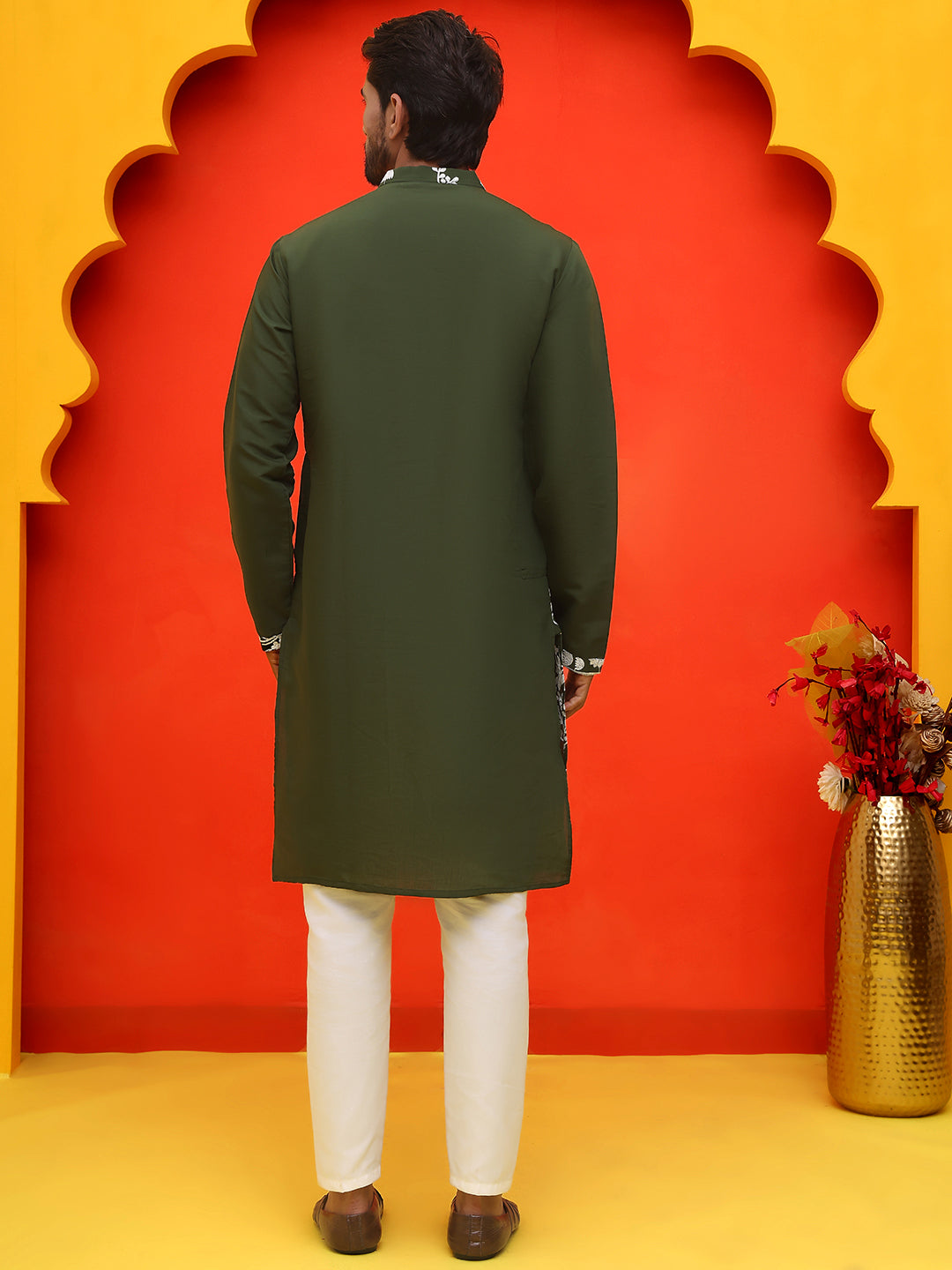 Embroidered Straight Kurta Pyjama Set ( JOKP P 5137 Olive )