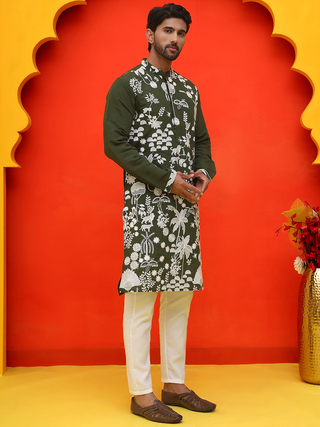 Embroidered Straight Kurta Pyjama Set ( JOKP P 5137 Olive )