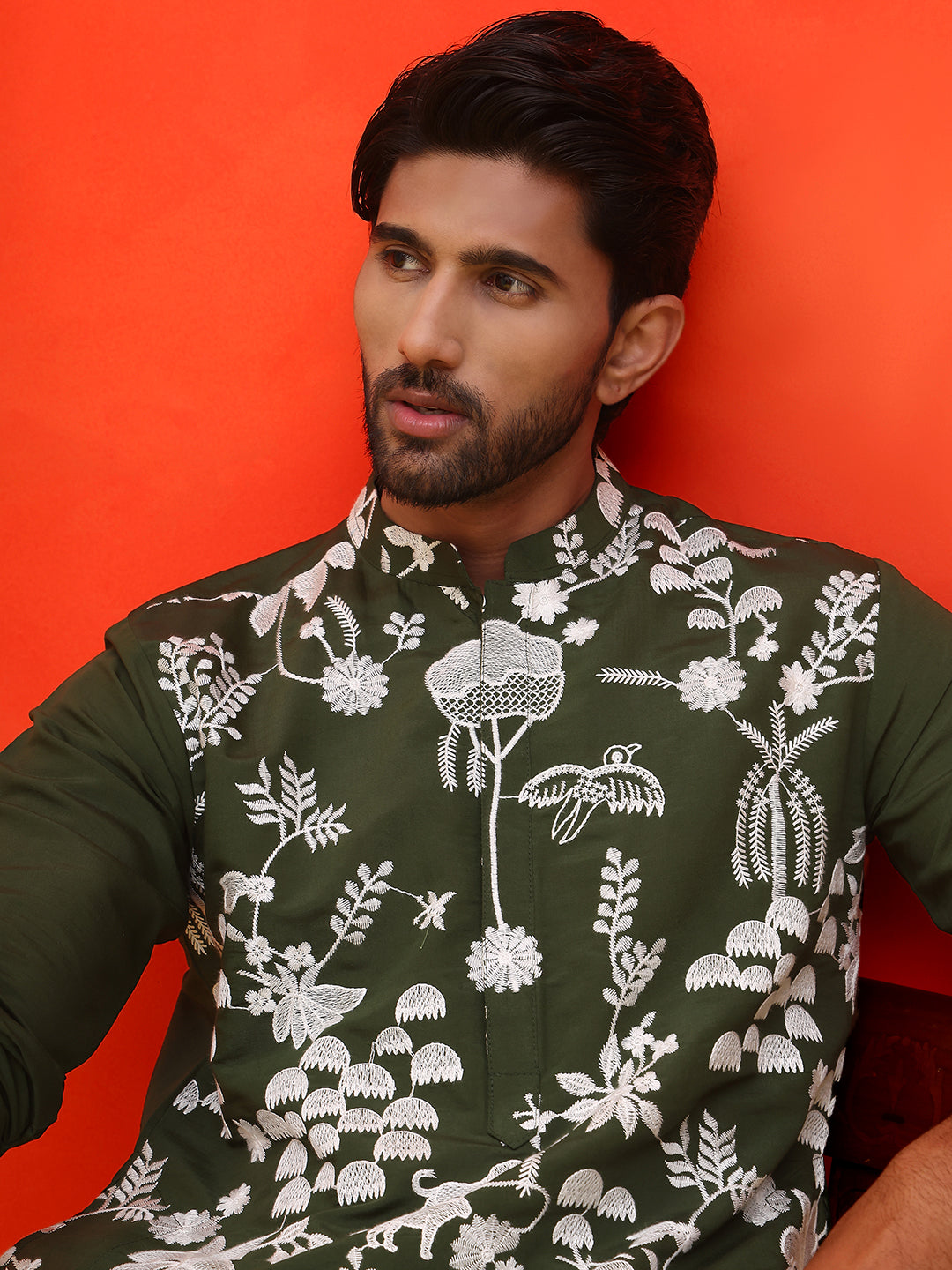 Embroidered Straight Kurta Pyjama Set ( JOKP P 5137 Olive )