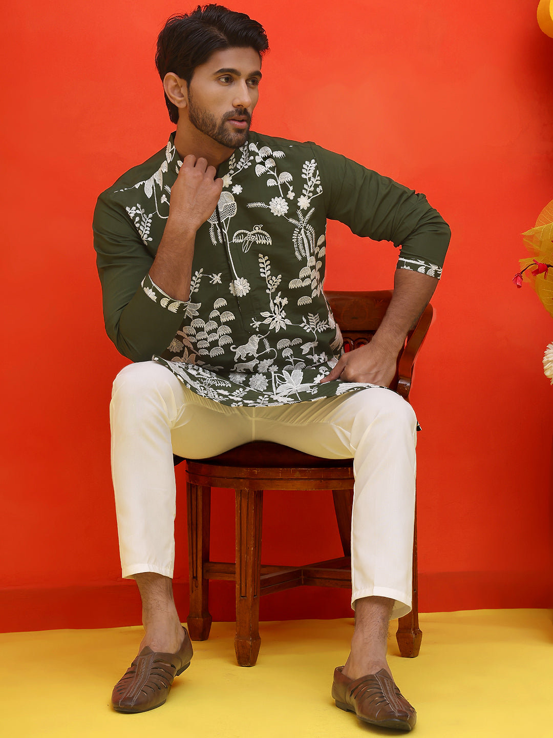 Embroidered Straight Kurta Pyjama Set ( JOKP P 5137 Olive )