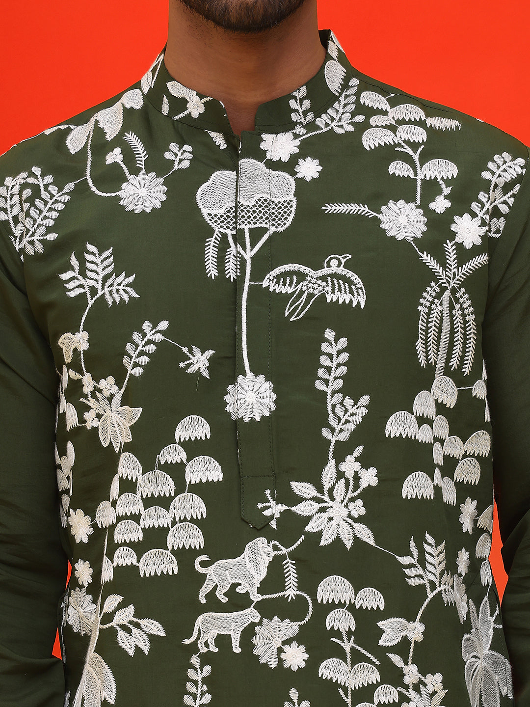 Embroidered Straight Kurta Pyjama Set ( JOKP P 5137 Olive )