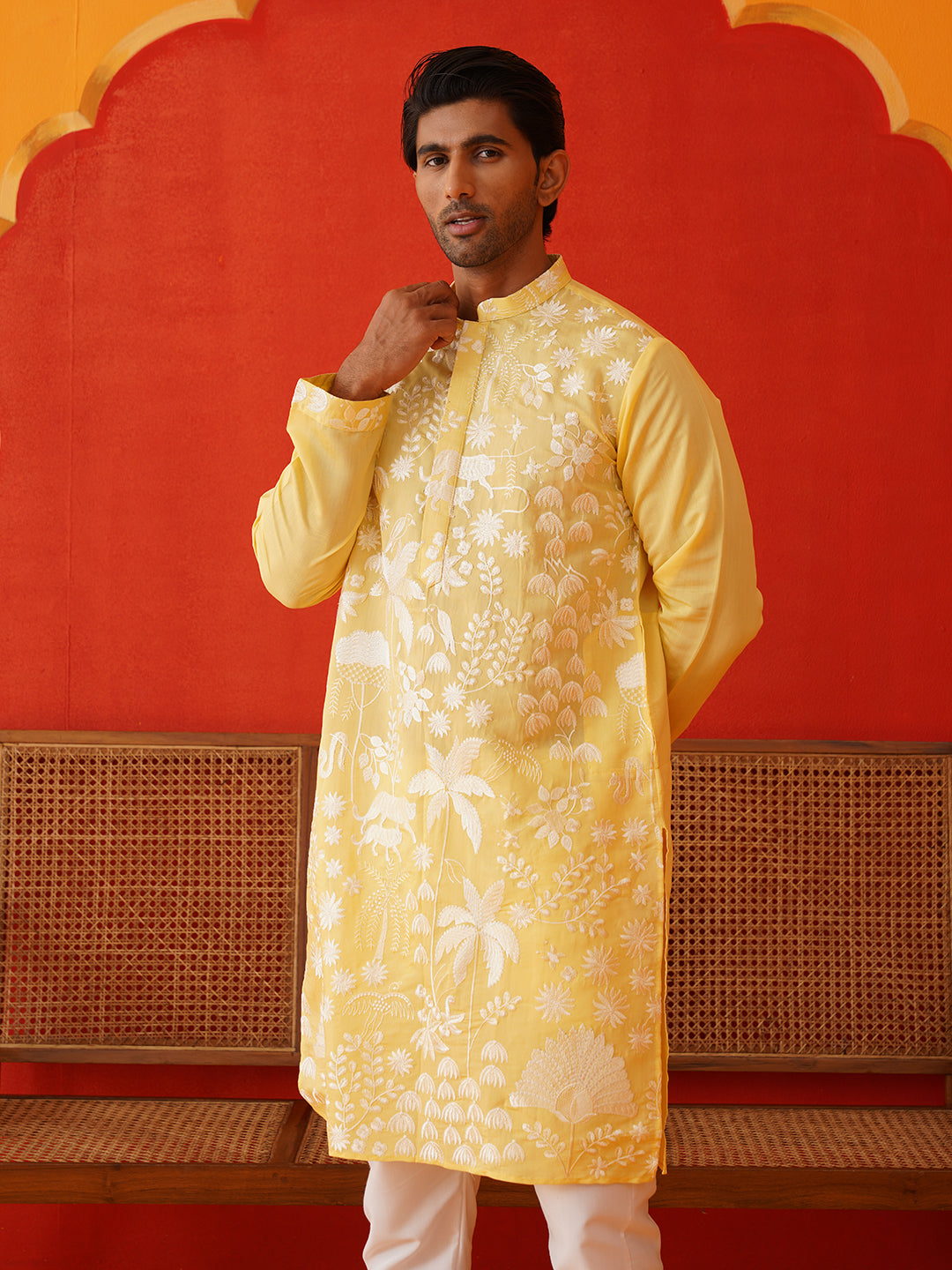 Embroidered Straight Kurta Pyjama Set ( JOKP P 5137Yellow )