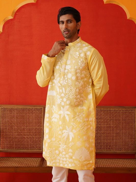 Embroidered Straight Kurta Pyjama Set ( JOKP P 5137Yellow )