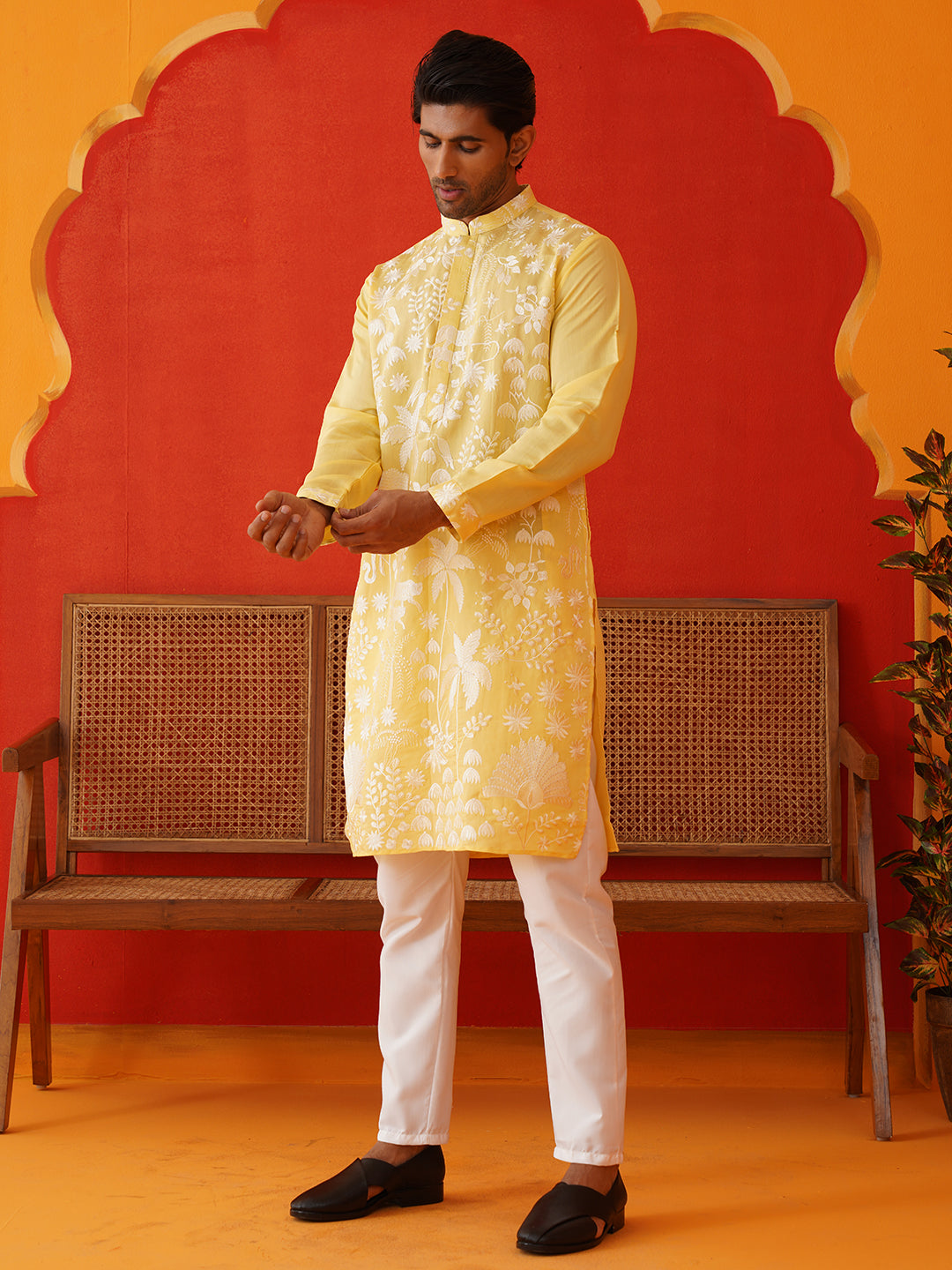Embroidered Straight Kurta Pyjama Set ( JOKP P 5137Yellow )