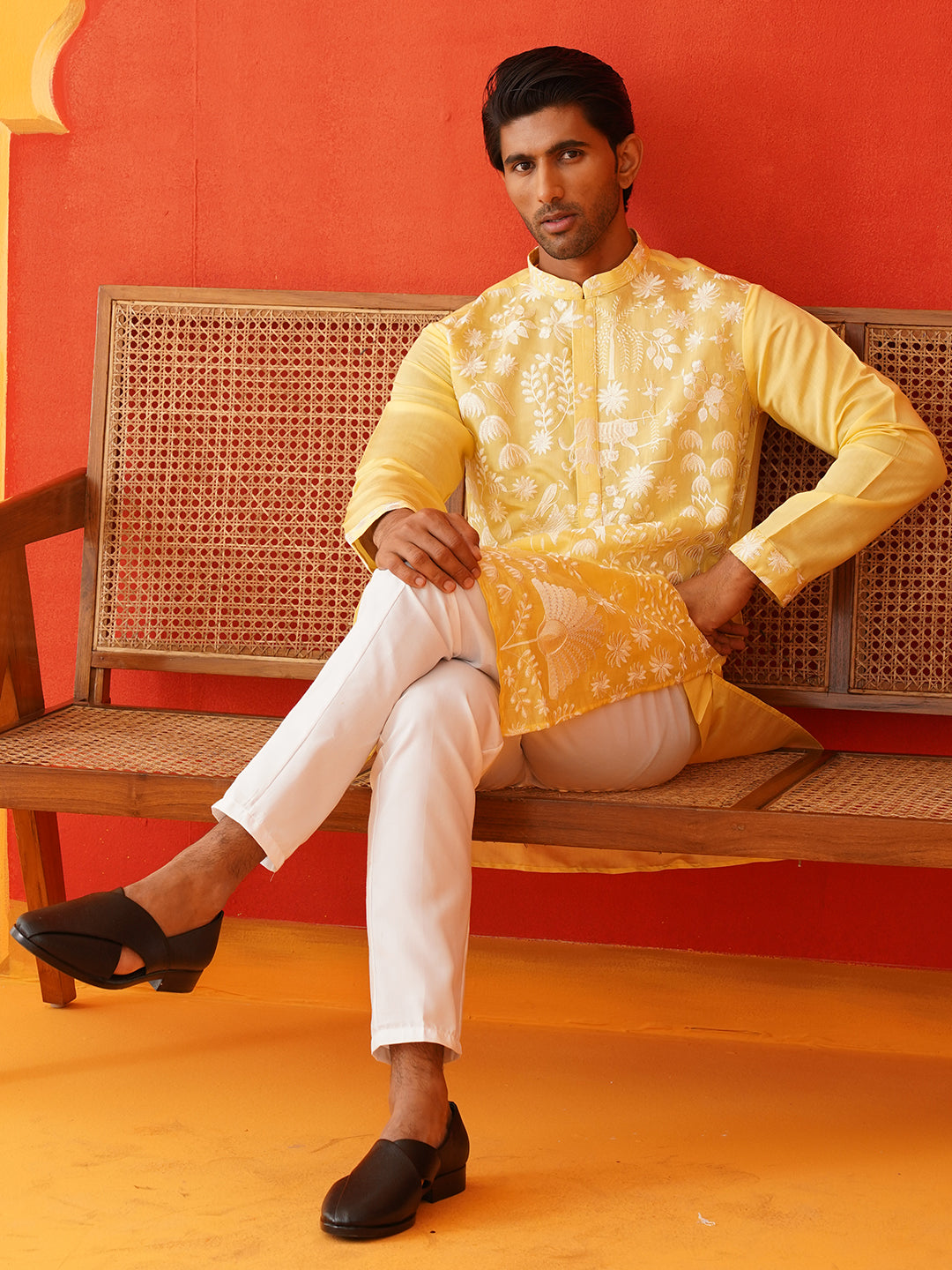 Embroidered Straight Kurta Pyjama Set ( JOKP P 5137Yellow )