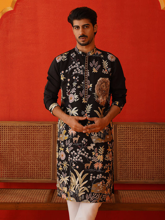 Floral Embroidered and Sequins Kurta Set ( JOKP P 5138Black )