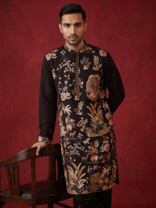 Floral Embroidered and Sequins Kurta Set ( JOKP B-P 5138Black )