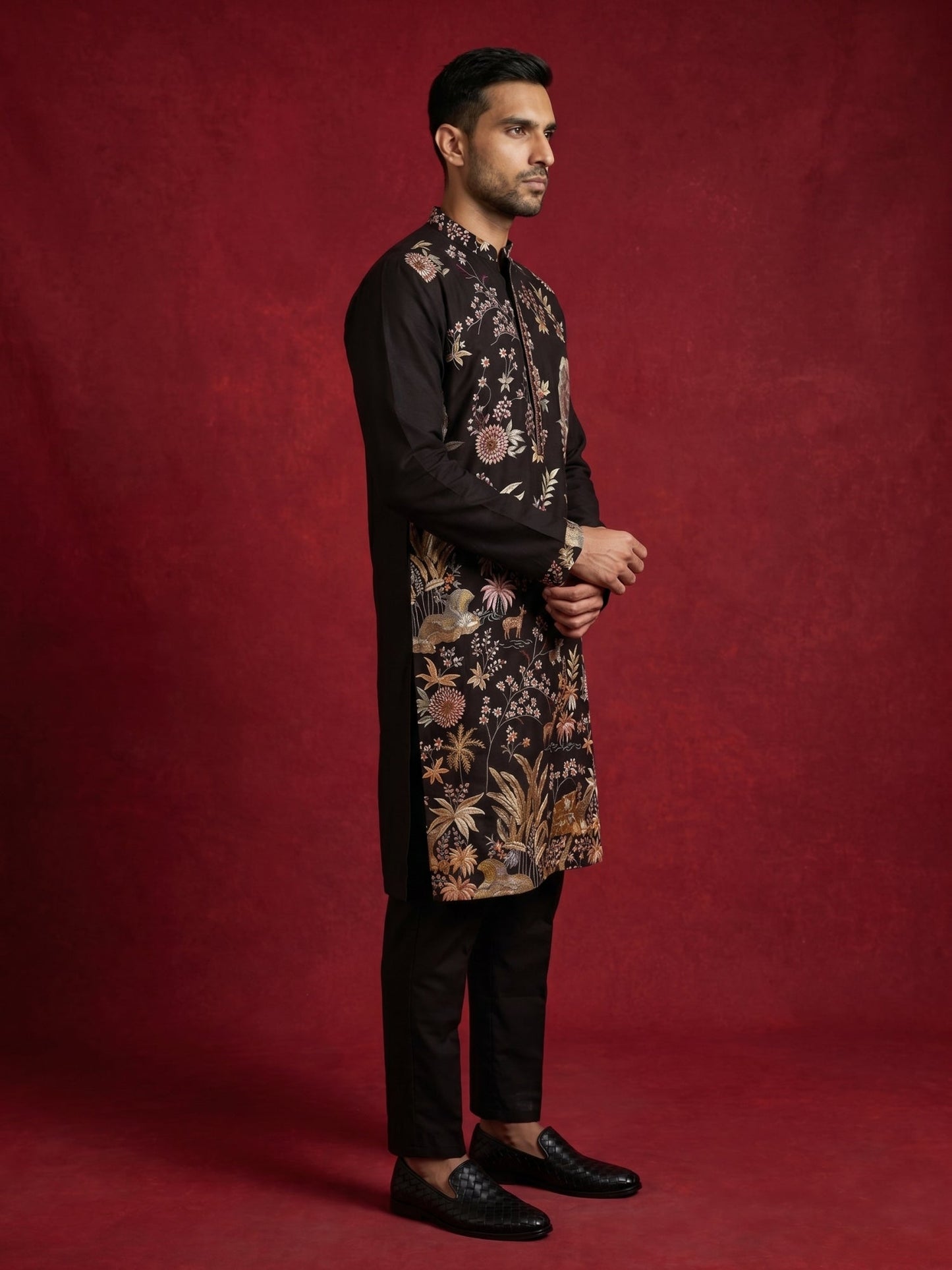 Floral Embroidered and Sequins Kurta Set ( JOKP B-P 5138Black )