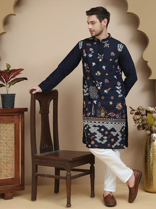 Floral Embroidered and Sequins Kurta Set ( JOKP P 5140 Navy )