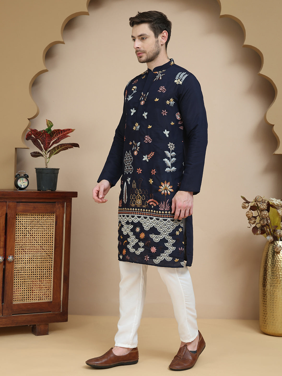 Floral Embroidered and Sequins Kurta Set ( JOKP P 5140 Navy )