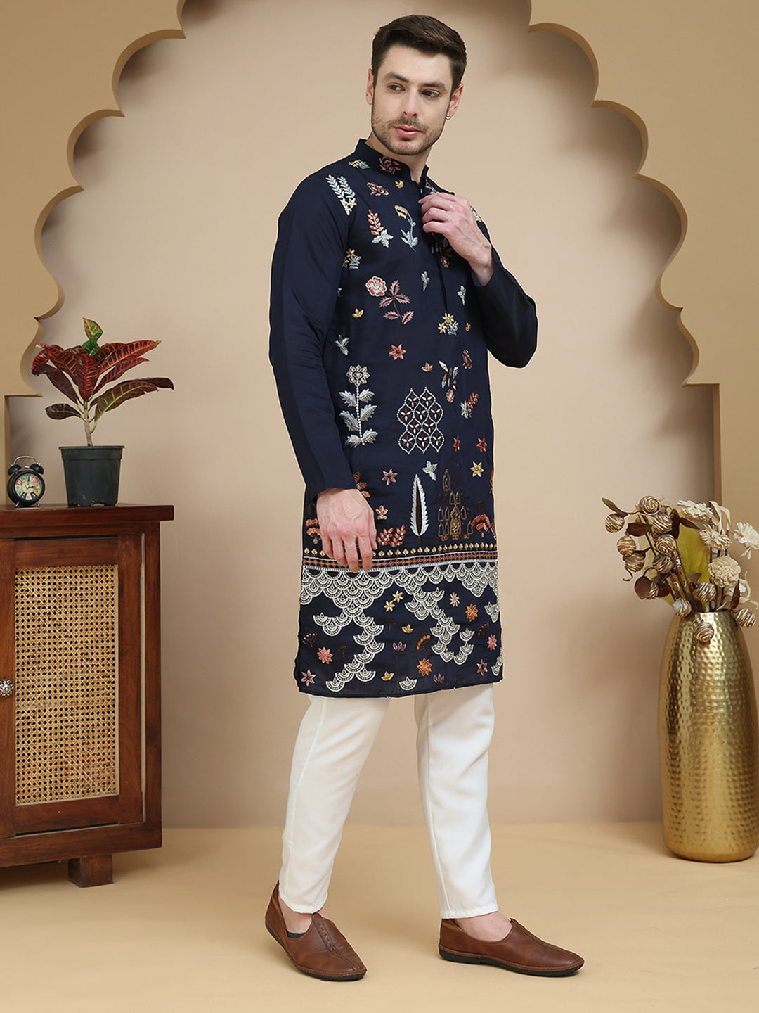 Floral Embroidered and Sequins Kurta Set ( JOKP P 5140 Navy )