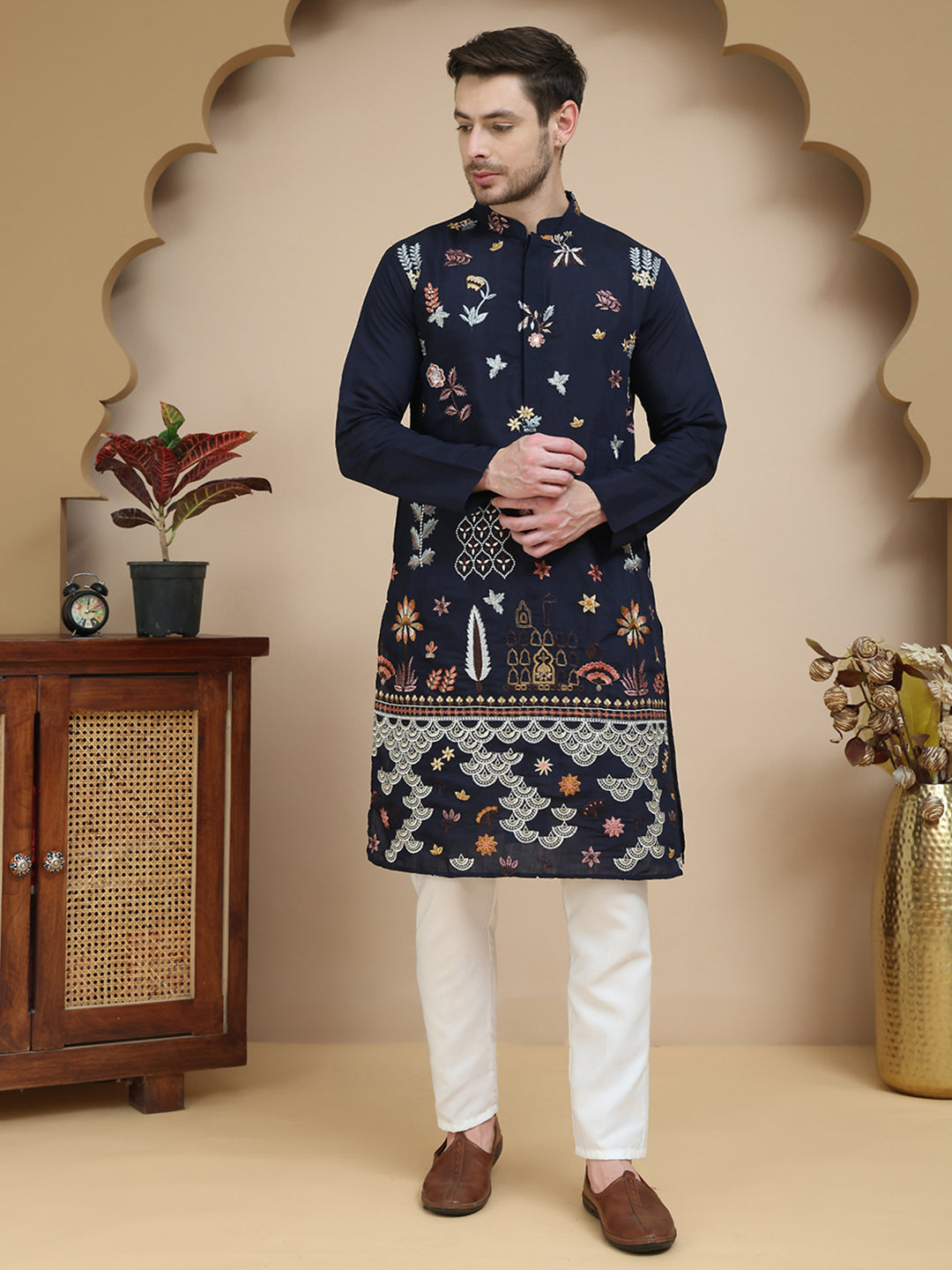 Floral Embroidered and Sequins Kurta Set ( JOKP P 5140 Navy )
