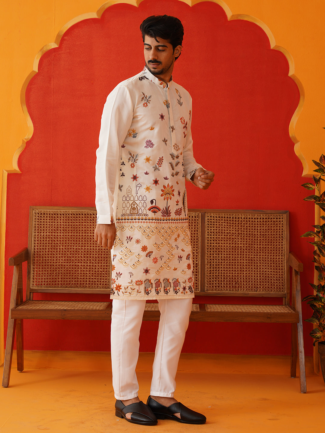 Floral Embroidered and Sequins Kurta Set ( JOKP P 5140White )
