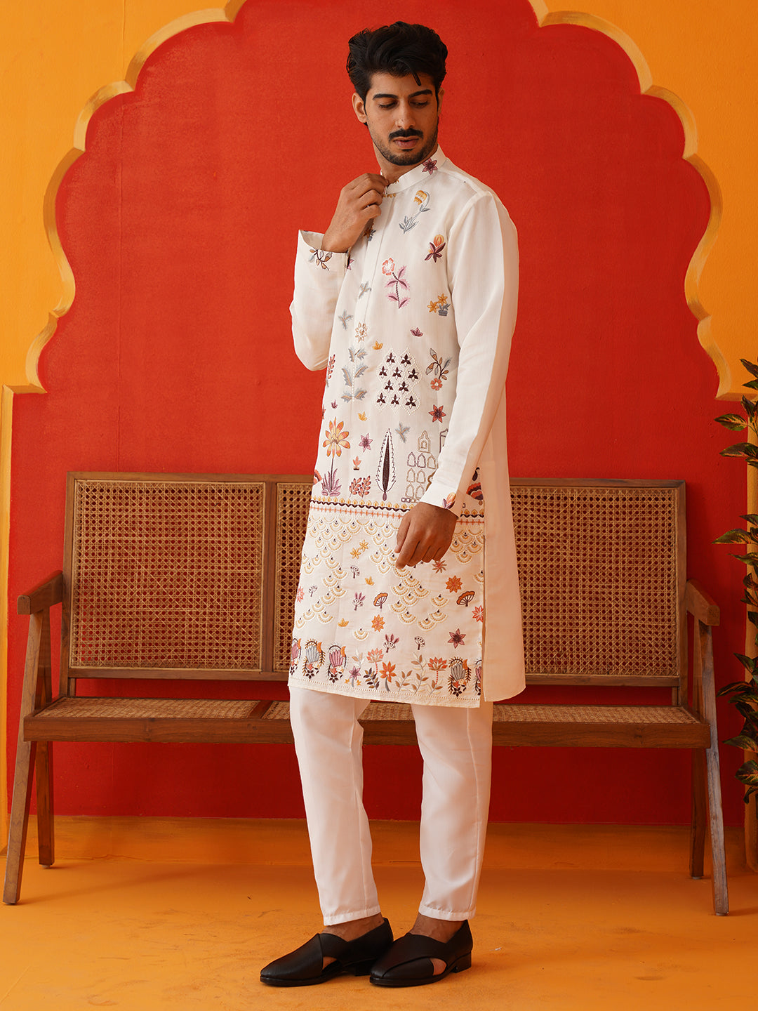 Floral Embroidered and Sequins Kurta Set ( JOKP P 5140White )