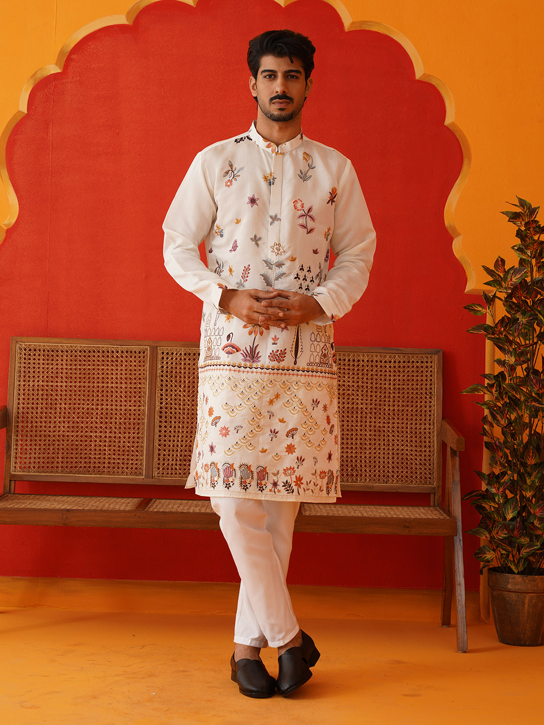 Floral Embroidered and Sequins Kurta Set ( JOKP P 5140White )