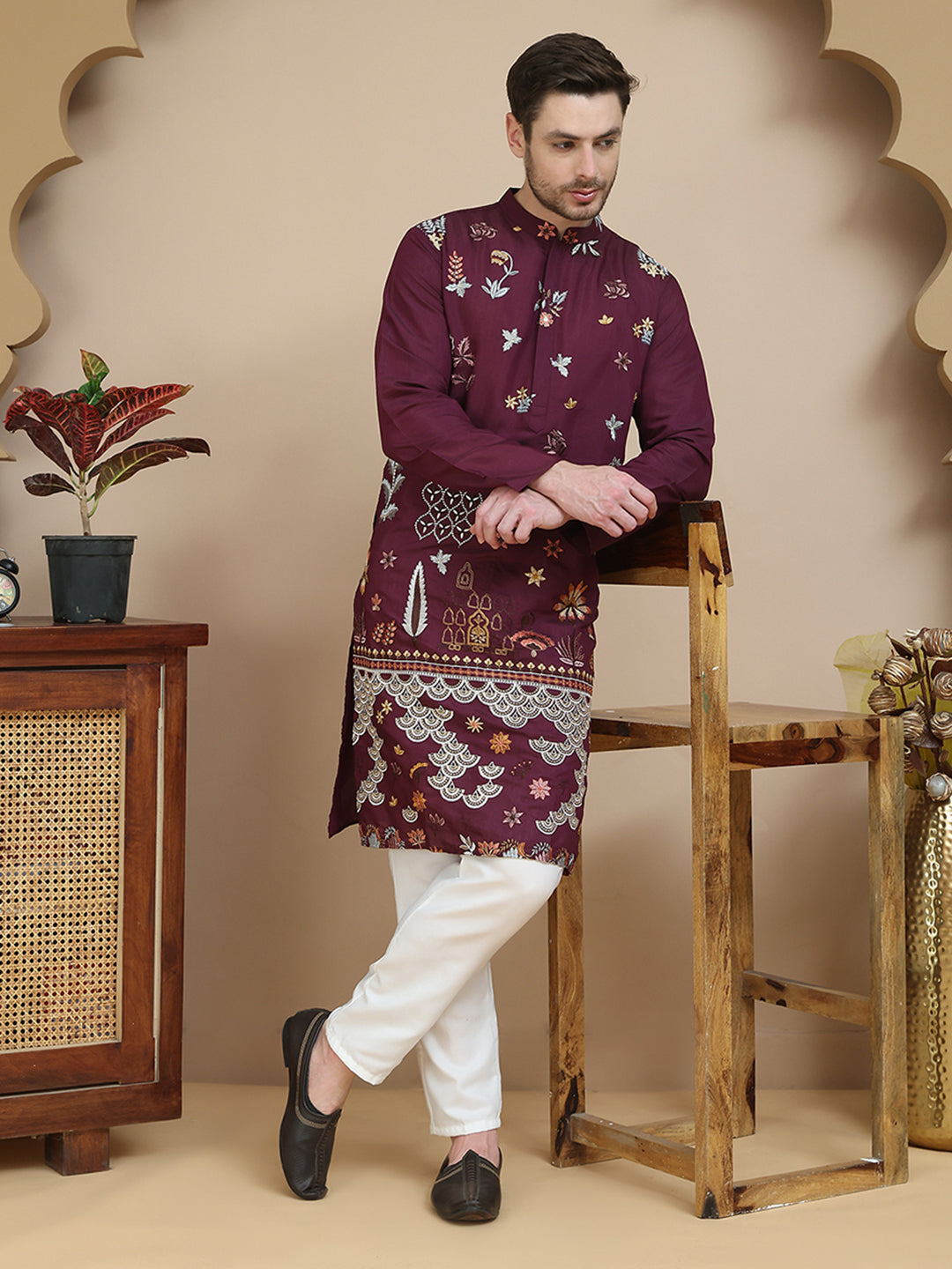 Floral Embroidered and Sequins Kurta Set ( JOKP P 5140 Wine )