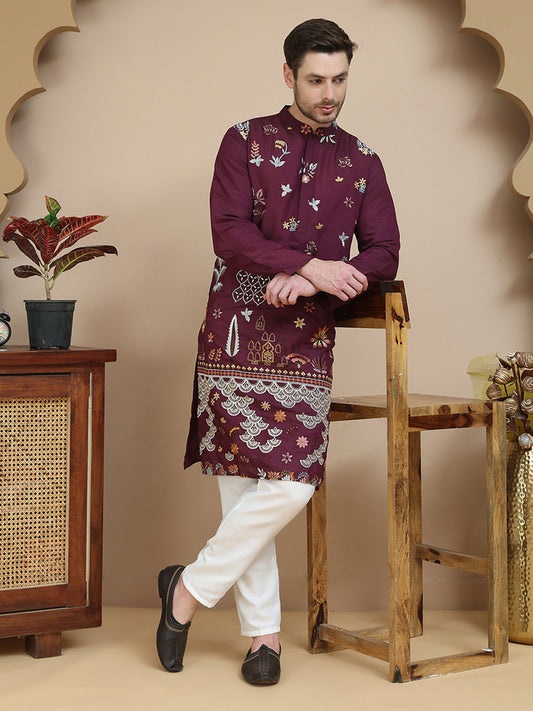 Floral Embroidered and Sequins Kurta Set ( JOKP P 5140 Wine )