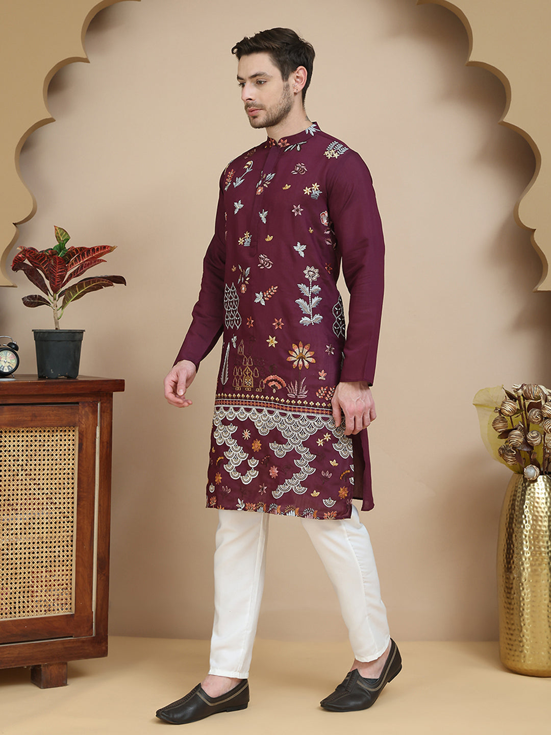 Floral Embroidered and Sequins Kurta Set ( JOKP P 5140 Wine )