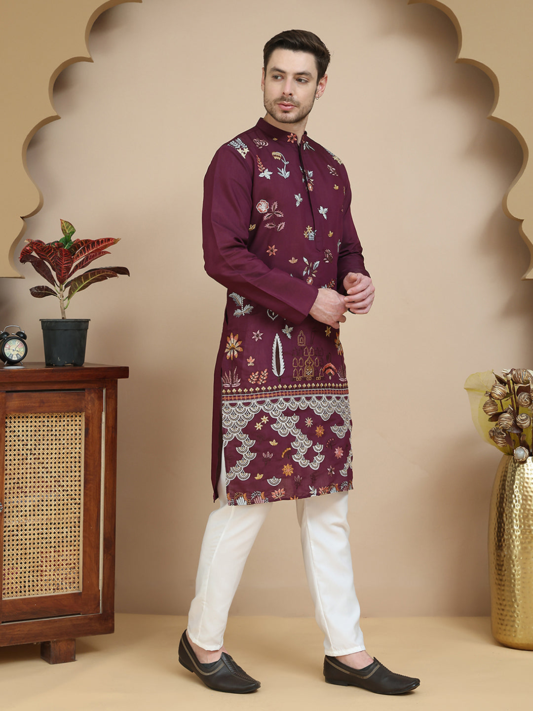 Floral Embroidered and Sequins Kurta Set ( JOKP P 5140 Wine )