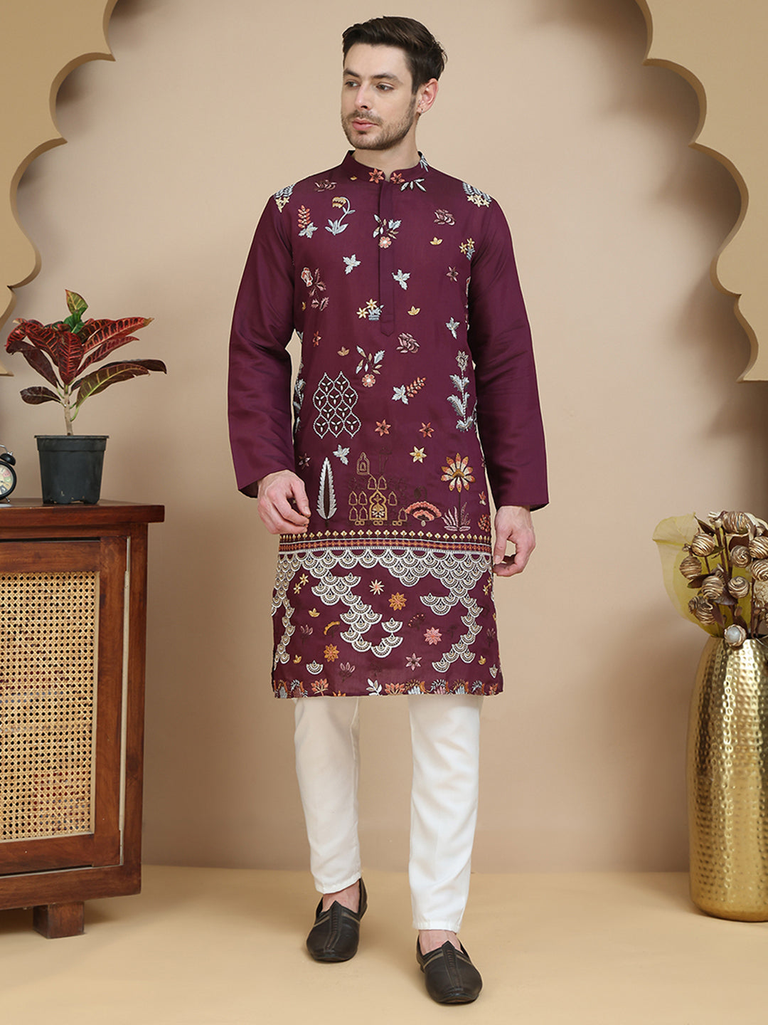Floral Embroidered and Sequins Kurta Set ( JOKP P 5140 Wine )