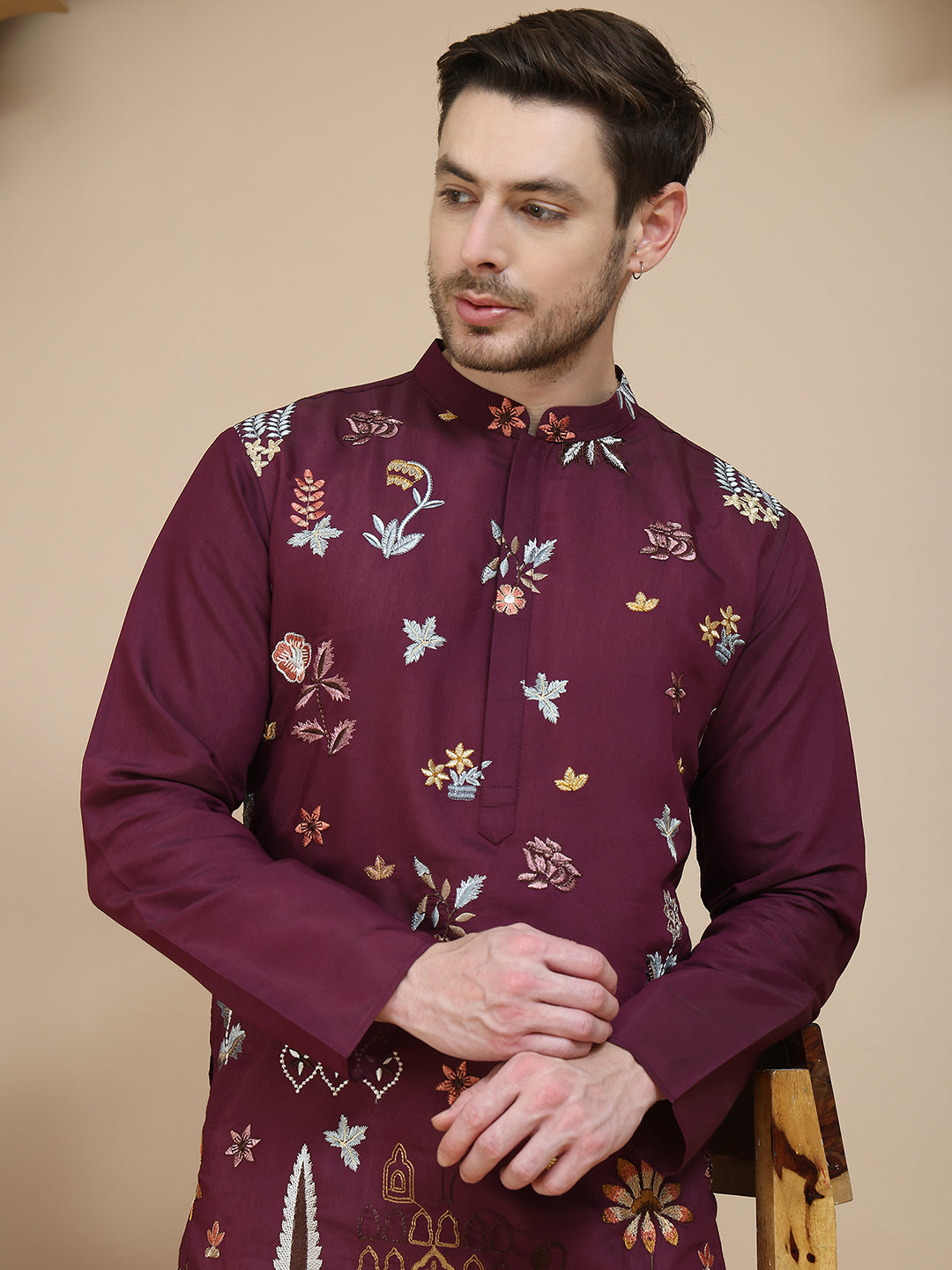 Floral Embroidered and Sequins Kurta Set ( JOKP P 5140 Wine )
