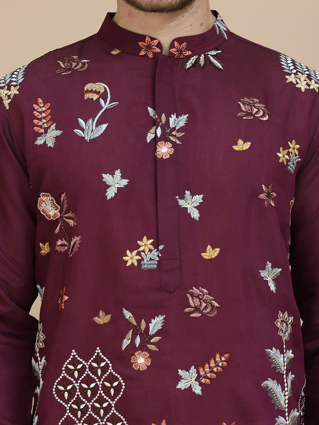 Floral Embroidered and Sequins Kurta Set ( JOKP P 5140 Wine )