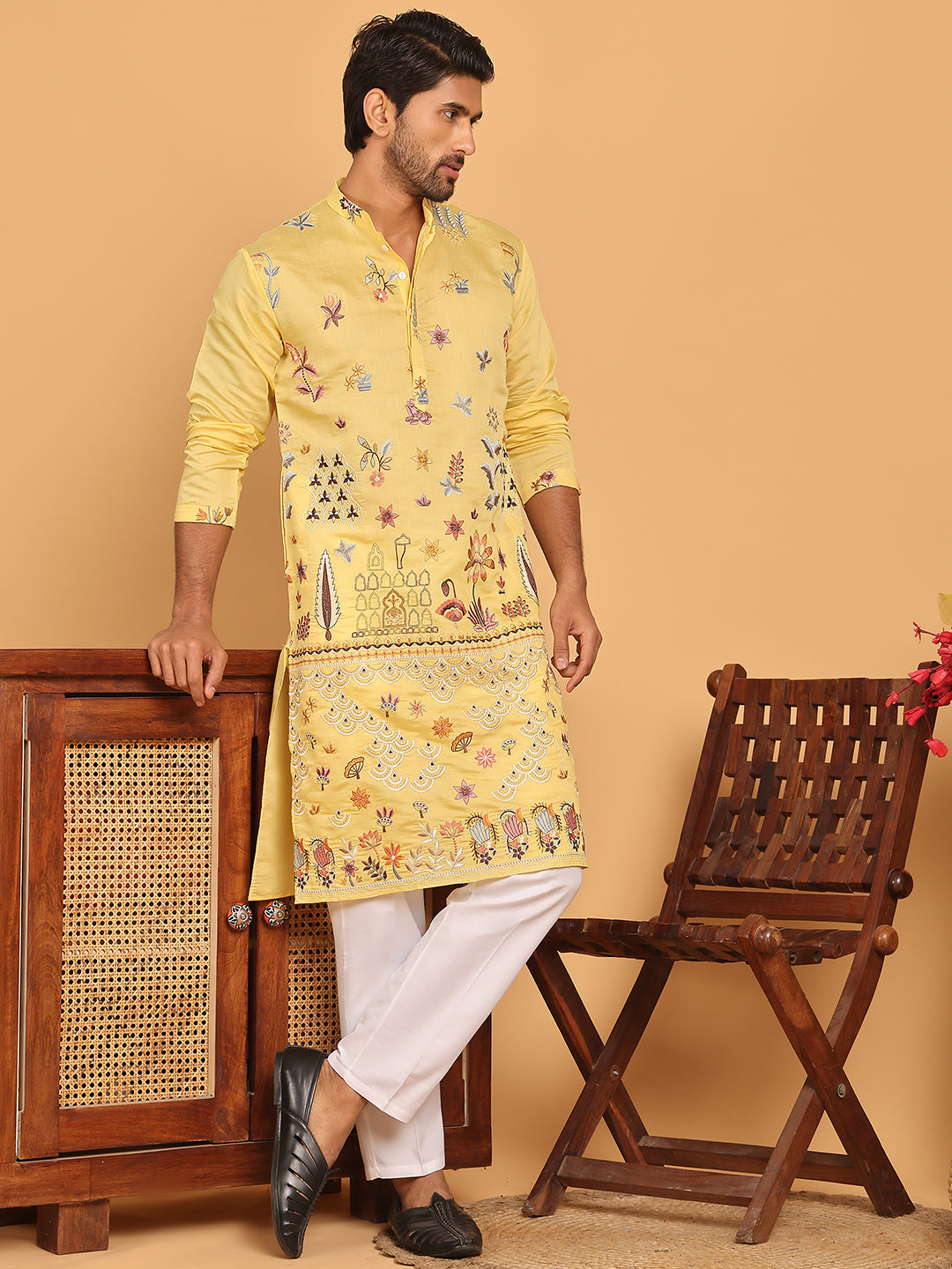 Floral Embroidered and Sequins Kurta Set ( JOKP P 5140 Yellow )