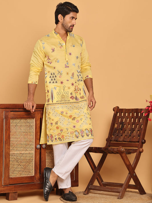 Floral Embroidered and Sequins Kurta Set ( JOKP P 5140 Yellow )