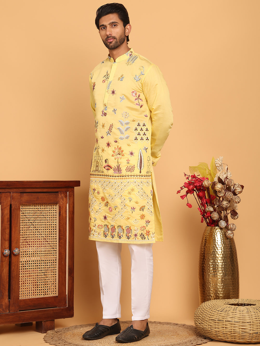 Floral Embroidered and Sequins Kurta Set ( JOKP P 5140 Yellow )