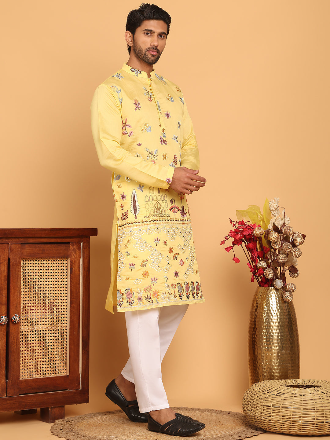 Floral Embroidered and Sequins Kurta Set ( JOKP P 5140 Yellow )