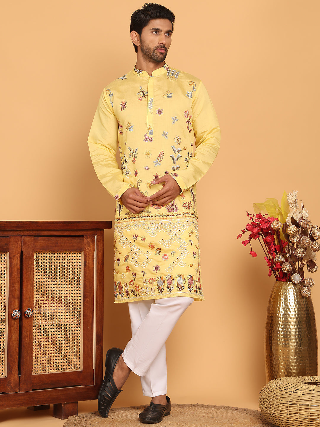 Floral Embroidered and Sequins Kurta Set ( JOKP P 5140 Yellow )