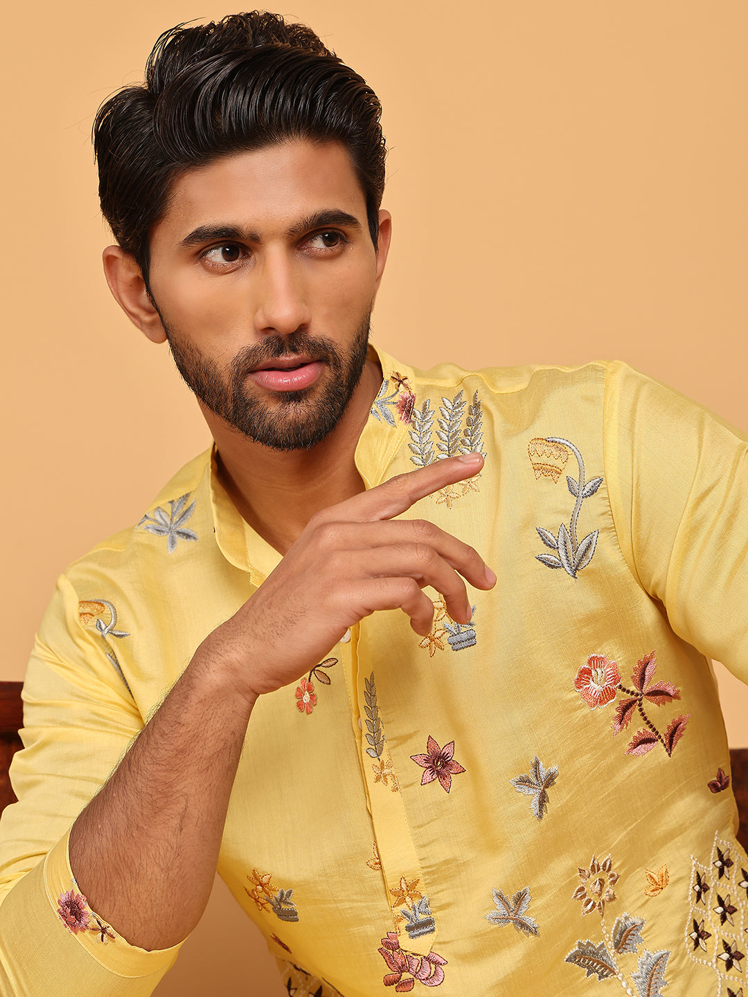 Floral Embroidered and Sequins Kurta Set ( JOKP P 5140 Yellow )