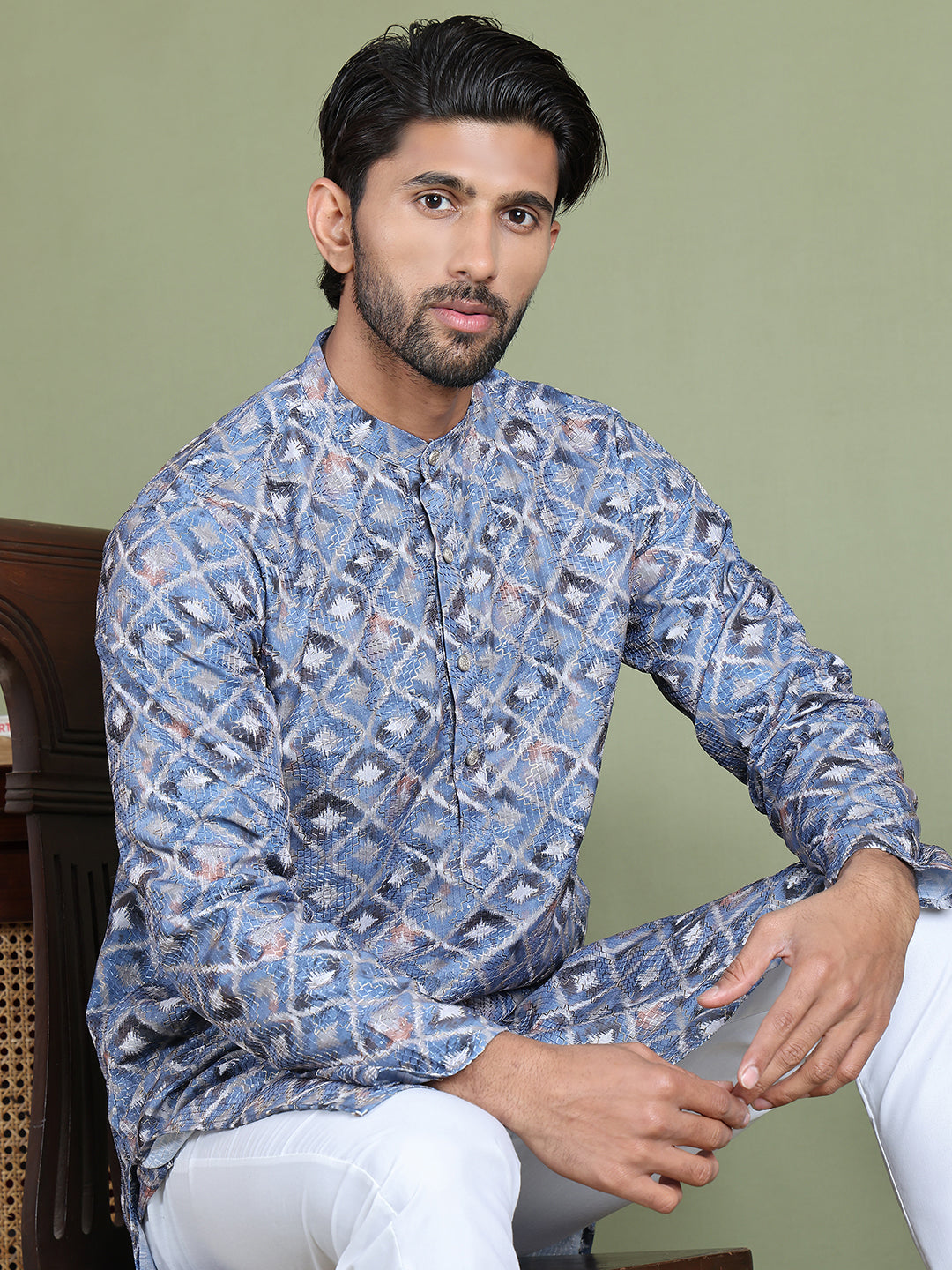 Embroidered and Printed Cotton Blend Kurta Pyjama ( JOKP 5141Blue )